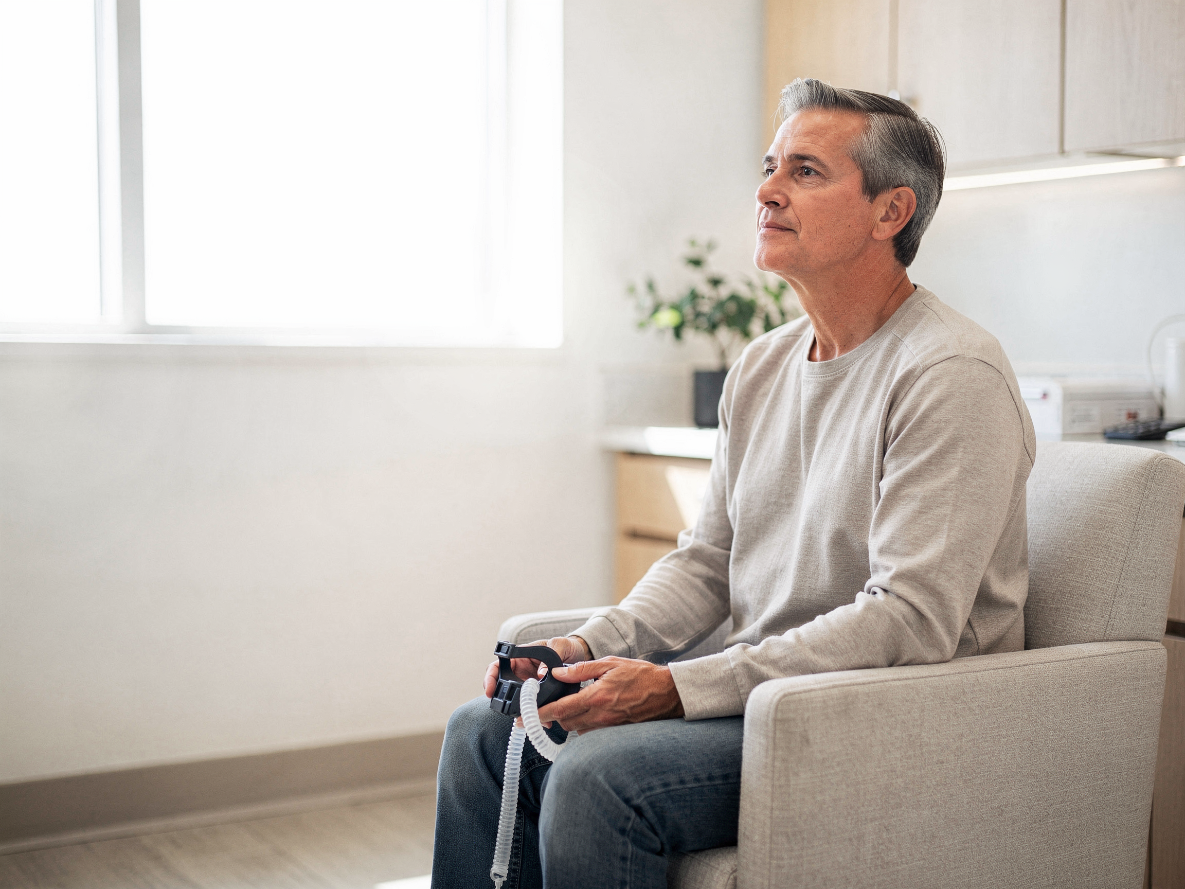 Middle-aged man sitting in a consultation room holding a CPAP mask
